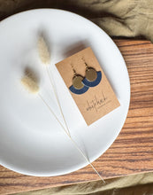 Load image into Gallery viewer, Night Sky Navy Leather Fan &amp; Brass Disc Earrings
