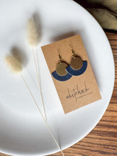 Load image into Gallery viewer, Night Sky Navy Leather Fan &amp; Brass Disc Earrings
