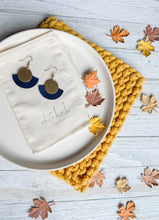 Load image into Gallery viewer, Night Sky Navy Leather Fan &amp; Brass Disc Earrings
