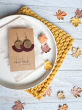Load image into Gallery viewer, Merlot Leather Fan &amp; Brass Disc Earrings
