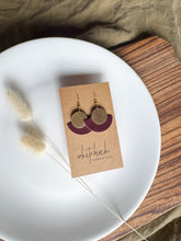 Load image into Gallery viewer, Merlot Leather Fan &amp; Brass Disc Earrings
