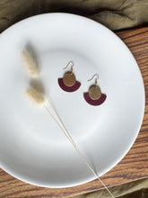 Load image into Gallery viewer, Merlot Leather Fan &amp; Brass Disc Earrings
