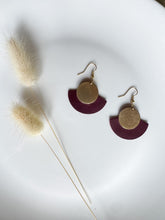 Load image into Gallery viewer, Merlot Leather Fan &amp; Brass Disc Earrings
