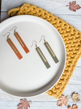 Load image into Gallery viewer, Burnt Orange Leather Earrings with Rectangle Brass Bar Accent
