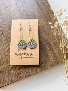 Blue Leather & Brass Sunburst Geometric Earrings