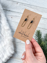 Load image into Gallery viewer, Black Leather &amp; Small Brass Oval Accent Earrings
