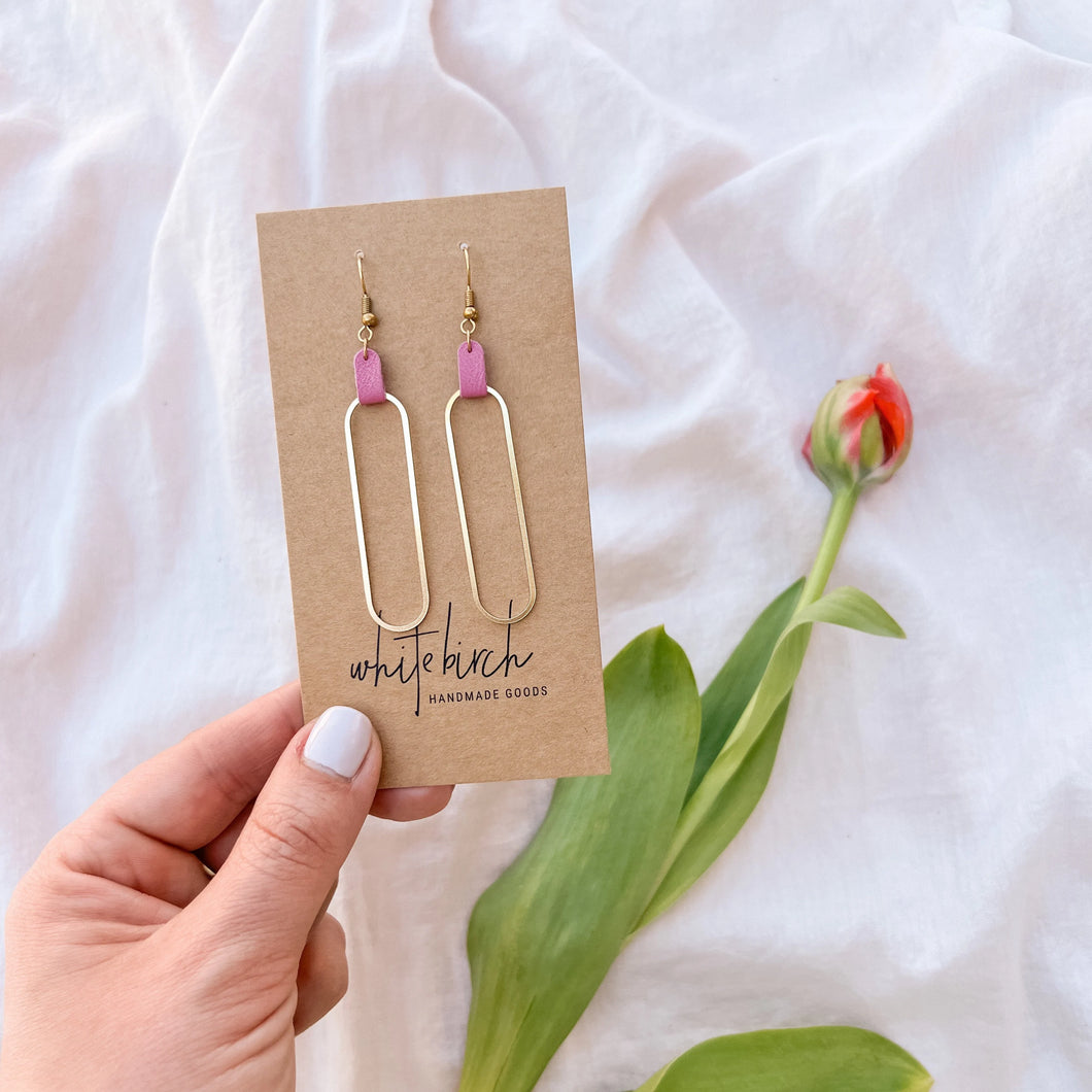 Bubblegum Pink Leather & Brass Oval Accent Earrings