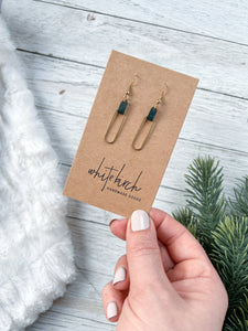 Dark Green Leather & Small Brass Oval Accent Earrings