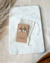 Load image into Gallery viewer, *SALE* Polka Dot Leather Arc &amp; Brass Half Moon Earrings
