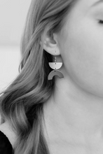 Load image into Gallery viewer, Sky Blue Leather Arc &amp; Brass Half Moon Earrings
