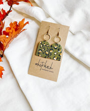 Load image into Gallery viewer, *SALE* Olive Cheetah Cork Leather with Brass Circle Earrings With Raw Brass Hook
