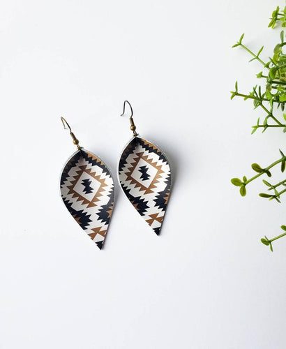 Aztec Print Leather Leaf Earrings 