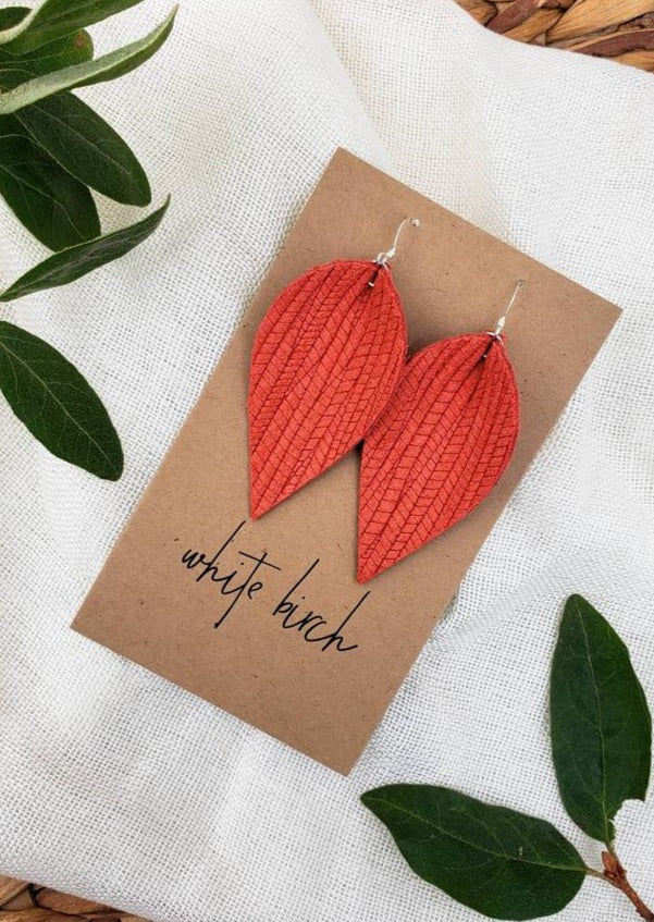 *SALE* Melon Textured Leather Small Leaf Earrings With Raw Brass Hook