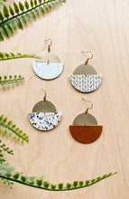 Load image into Gallery viewer, *SALE* Terrazzo Leather Half Moon &amp; Brass Half Moon Dangle Earrings With Raw Brass Hook
