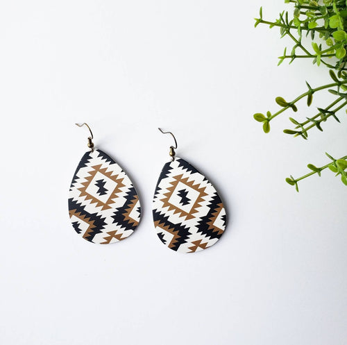 Aztec Print Leather Teardrop Earrings