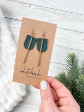 Load image into Gallery viewer, Dark Green Leather &amp; Brass Bar Geometric Earrings
