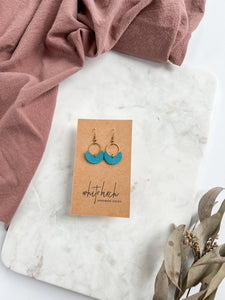 Teal Leather Small Crescent & Brass Ring Earrings