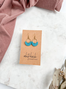 Teal Leather Small Crescent & Brass Ring Earrings