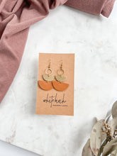Load image into Gallery viewer, Mini Biscuit Brown Leather &amp; Brass Stacked Half Moon Earrings
