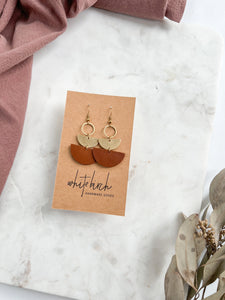 Mini Brown Leather & Brass Stacked Half Moon Dangle Earrings