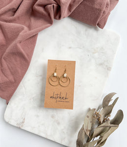 Beige Leather Oval & Double Brass Circles Earrings