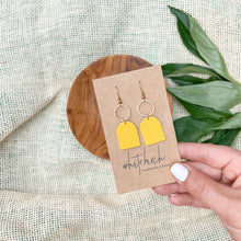 Load image into Gallery viewer, Yellow Saffiano Leather with Brass Circle Earrings
