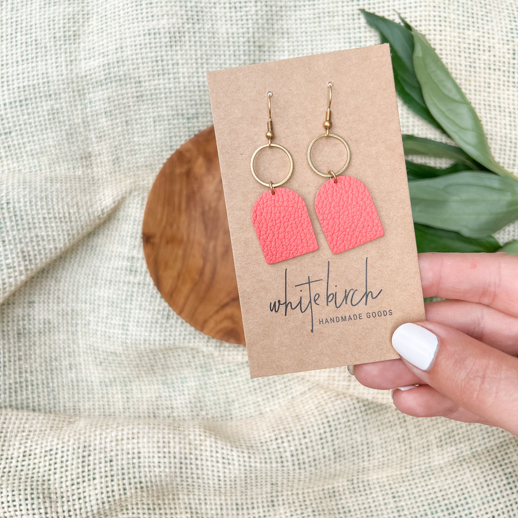 Pink Coral Leather with Brass Circle Earrings
