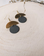 Load image into Gallery viewer, *SALE* Dark Grey Leather Small Circle &amp; Brass Half Moon With Raw Brass Hooks
