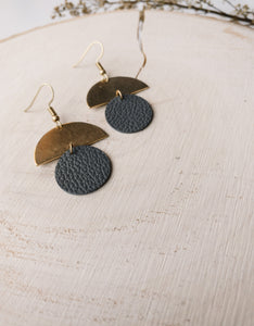 *SALE* Dark Grey Leather Small Circle & Brass Half Moon With Raw Brass Hooks