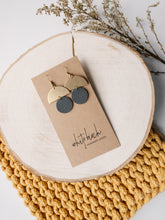 Load image into Gallery viewer, Dark Grey Leather Small Circle &amp; Brass Half Circle Stacked Earrings
