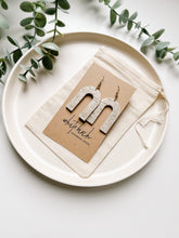 Load image into Gallery viewer, *SALE* Taupe Chevron Cork Leather Arch Earrings With Raw Brass Hook
