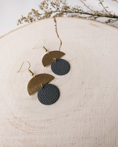 *SALE* Dark Grey Leather Small Circle & Brass Half Moon With Raw Brass Hooks