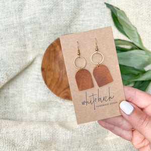 Distressed Russet Leather with Brass Circle Earrings
