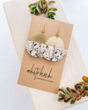 Load image into Gallery viewer, *SALE* Terrazzo Leather Half Moon &amp; Brass Half Moon Dangle Earrings With Raw Brass Hook
