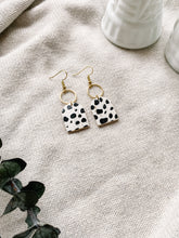 Load image into Gallery viewer, *SALE* Black and White Polka Dot Cork Leather with Brass Circle Earrings With Raw Brass Hook
