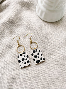 *SALE* Black and White Polka Dot Cork Leather with Brass Circle Earrings With Raw Brass Hook