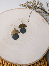 Load image into Gallery viewer, *SALE* Dark Grey Leather Small Circle &amp; Brass Half Moon With Raw Brass Hooks
