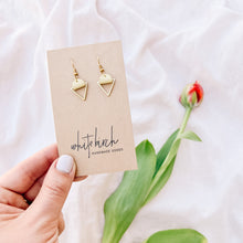 Load image into Gallery viewer, Soft Yellow Leather &amp; Brass Triangle Earrings
