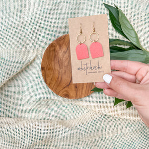 Pink Coral Leather with Brass Circle Earrings
