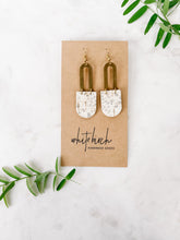 Load image into Gallery viewer, *SALE* Spotted White Grey Cork Leather &amp; Brass Earrings
