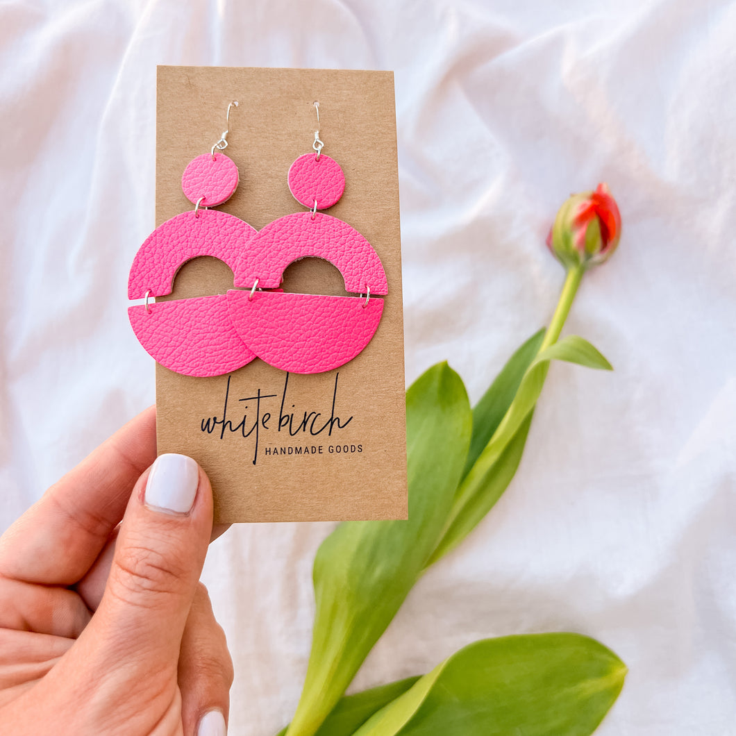 Hot Pink Leather Bold Statement Earrings