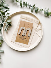 Load image into Gallery viewer, *SALE* Taupe Chevron Cork Leather Arch Earrings With Raw Brass Hook
