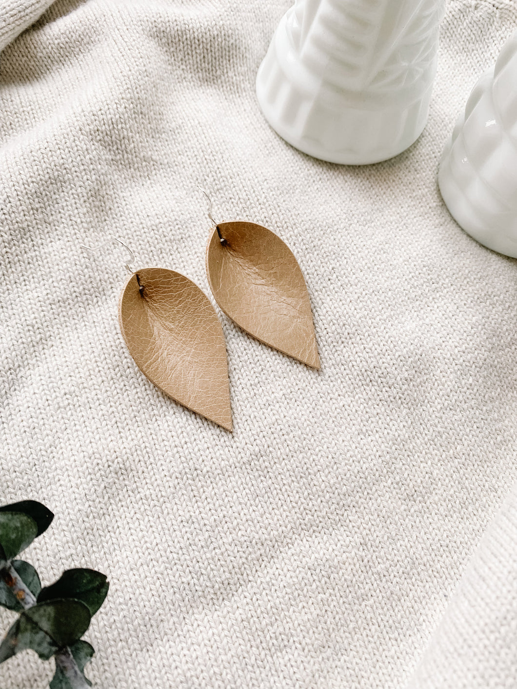 Distressed Almond Leather Leaf Earrings