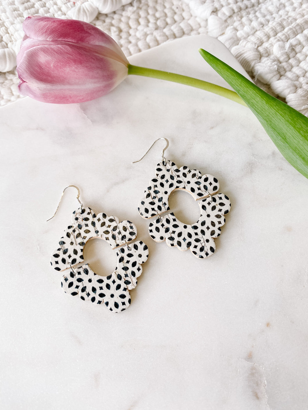 Boho Aztec Black and White Print Cork Leather Earrings