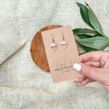 Load image into Gallery viewer, Soft Pink Leather &amp; Brass Triangle Earrings
