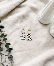 Load image into Gallery viewer, Black and White Polka Dot Cork Leather with Brass Circle Earrings
