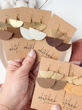 Load and play video in Gallery viewer, Wild Whiskey Brown Leather &amp; Brass Half Moon Stacked Dangle Earrings
