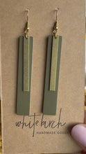Load and play video in Gallery viewer, Army Green Leather Earrings with Rectangle Brass Bar Accent
