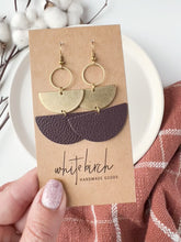 Load and play video in Gallery viewer, Dark Purple Leather &amp; Brass Stacked Half Moon Dangle Earrings
