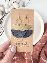 Load and play video in Gallery viewer, Navy Blue Leather &amp; Brass Stacked Half Moon Dangle Earrings
